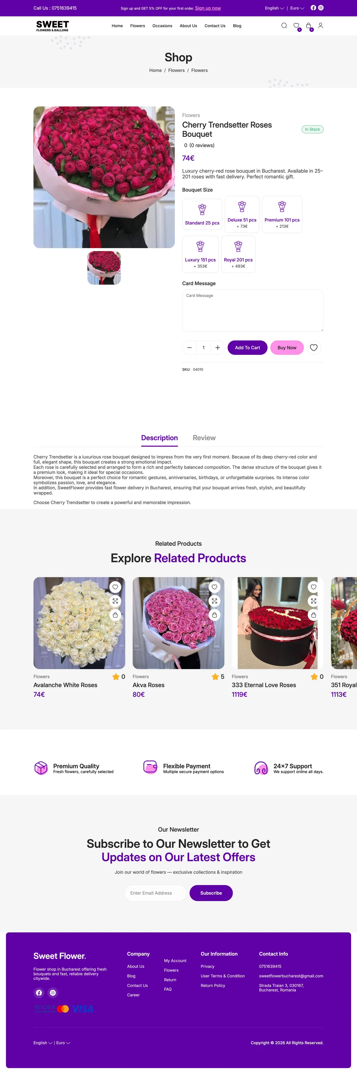 Product page with size selection
